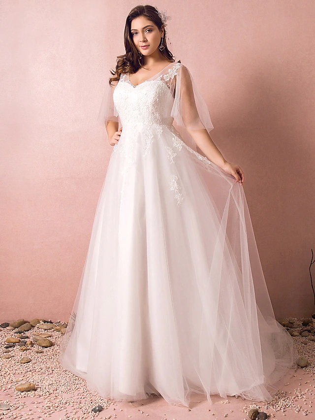 A-Line Wedding Dresses V Neck Court Train Satin Tulle Half Sleeve Formal Plus Size with Appliques Ivory