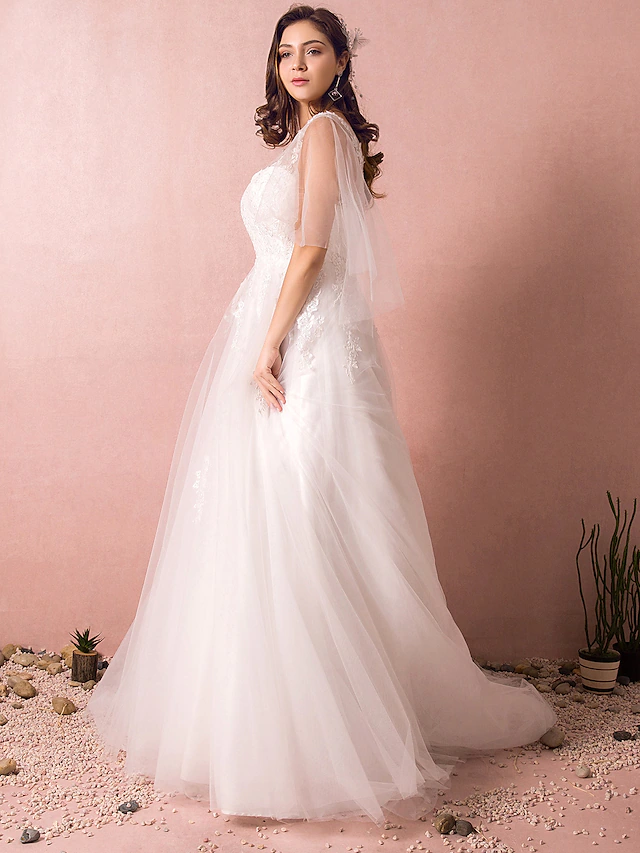 A-Line Wedding Dresses V Neck Court Train Satin Tulle Half Sleeve Formal Plus Size with Appliques Ivory