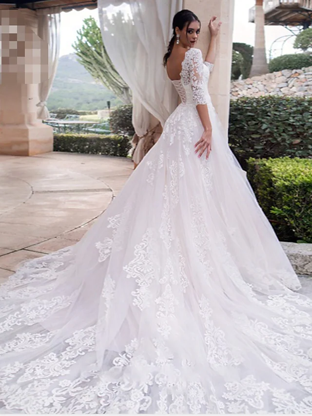 A-Line Wedding Dresses Off Shoulder Court Train Lace Length Sleeve Country Illusion