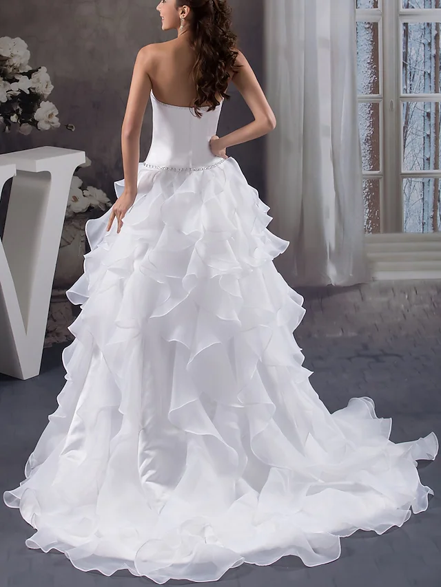 A-Line Wedding Dresses Strapless Court Train Organza Satin Strapless with Beading Cascading