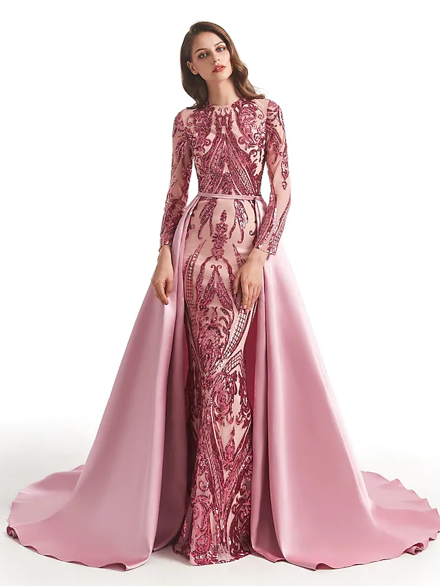 Luxurious Sparkle Prom Formal Evening Dress Jewel Neck Long Sleeve Detachable Sequined with Overskirt Pattern Print