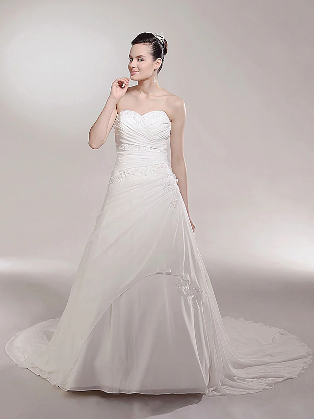 Princess A-Line Wedding Dresses Sweetheart Neckline Strapless Cathedral Train Chiffon