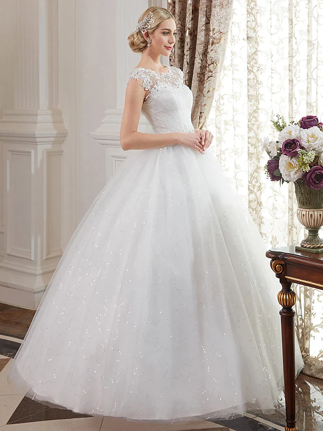 Ball Gown Wedding Dresses Jewel Neck Floor Length Lace Over Tulle Cap Sleeve Romantic Illusion Detail with Beading