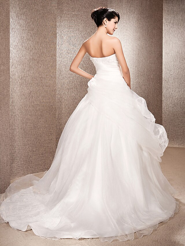 Ball Gown A-Line Wedding Dresses Strapless Court Train Organza Sleeveless Off Shoulder