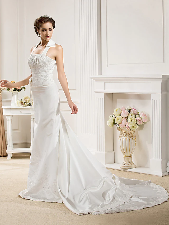 Long Wedding Dresses Halter Neck Court Train Satin Sleeveless
