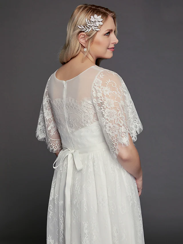 A-Line Wedding Dresses Illusion Neck Jewel Neck Floor Length Lace Tulle Half Sleeve Formal Boho Little White Dress See-Through with Beading Lace