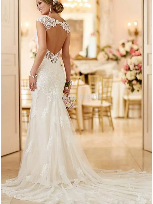 Wedding Dresses V Neck Lace Spaghetti Strap Mordern Sexy Backless Long