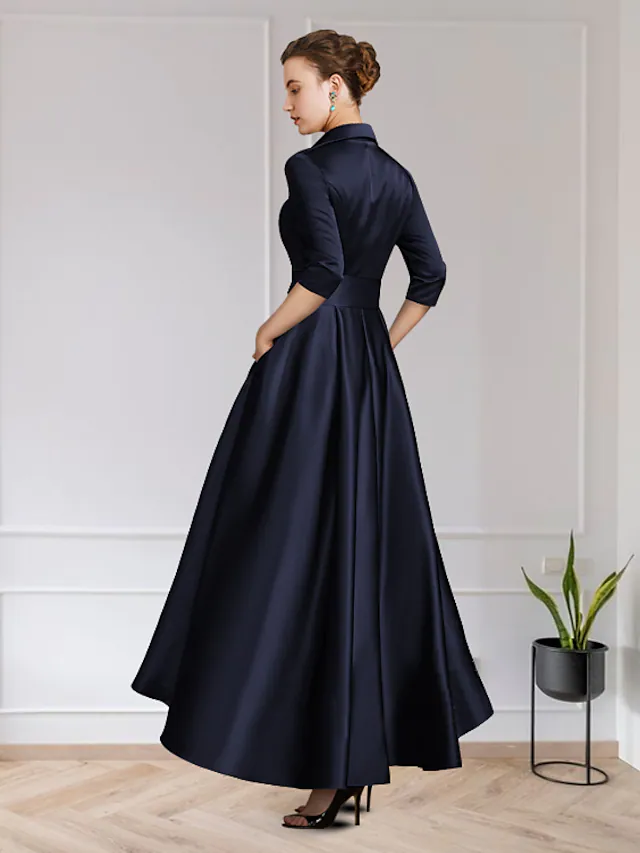 A-Line Mother of the Bride Dress Elegant Jewel Neck Asymmetrical Chiffon Lace Short Sleeve with Pleats