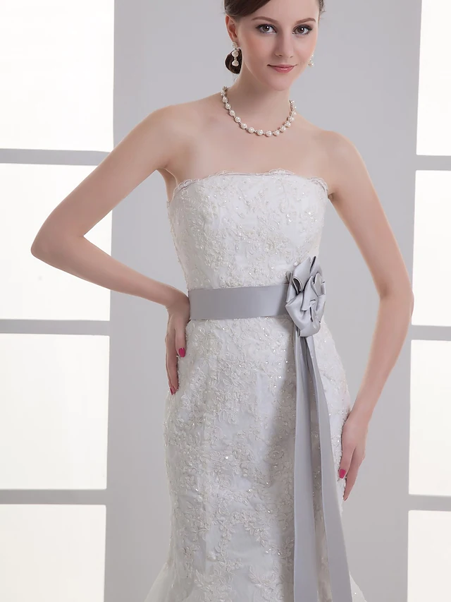 Wedding Dresses Strapless Chapel Train Lace Satin Strapless with Sashes Ribbons Bow(s)