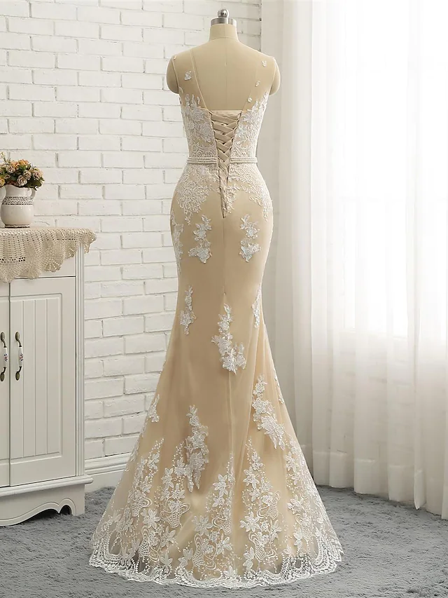Wedding Dresses Jewel Neck Chapel Train Lace Tulle Lace Over Satin Regular Straps Formal See-Through with Sashes Ribbons Pearls