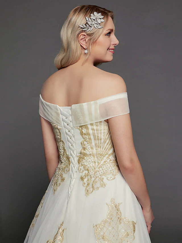Princess Wedding Dresses Off Shoulder Chapel Train Lace Tulle Cap Sleeve Glamorous Illusion Detail