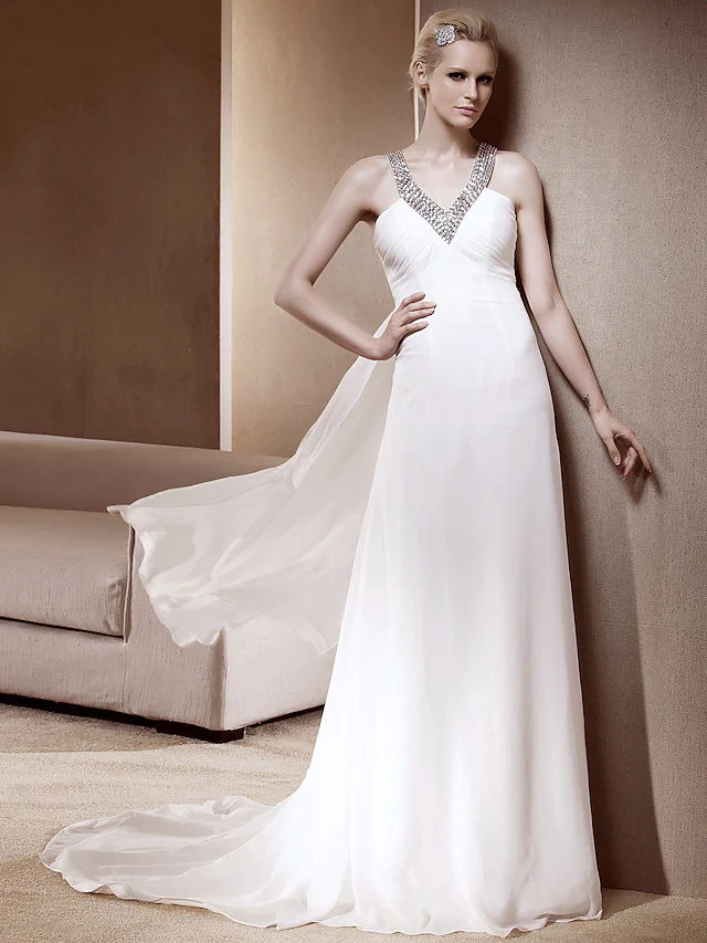 Princess A-Line Wedding Dresses V Neck Court Train Chiffon Sleeveless Sparkle & Shine