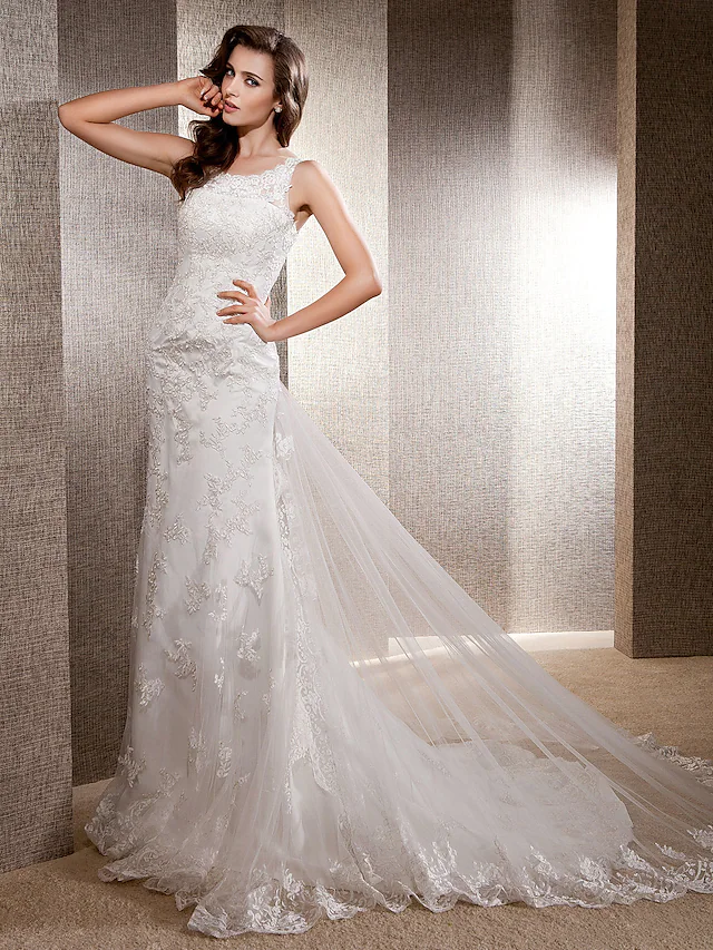 Wedding Dresses Scoop Neck Lace Tulle Sleeveless Long
