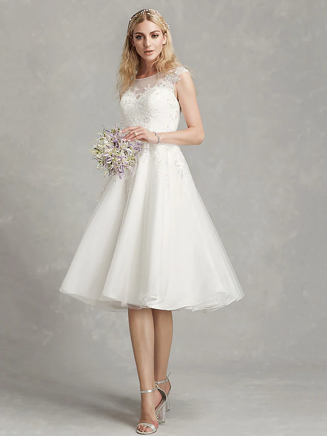 A-Line Wedding Dresses Jewel Neck Tea Length Lace Tulle Cap Sleeve Beautiful Back with Appliques Short