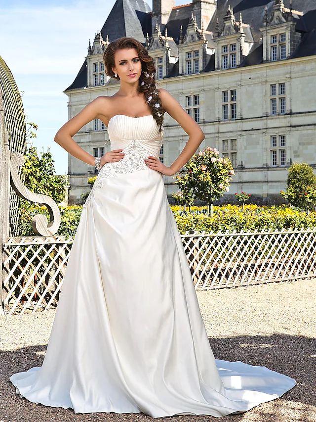 Princess A-Line Long Wedding Dresses Strapless Chapel Train Satin Sleeveless