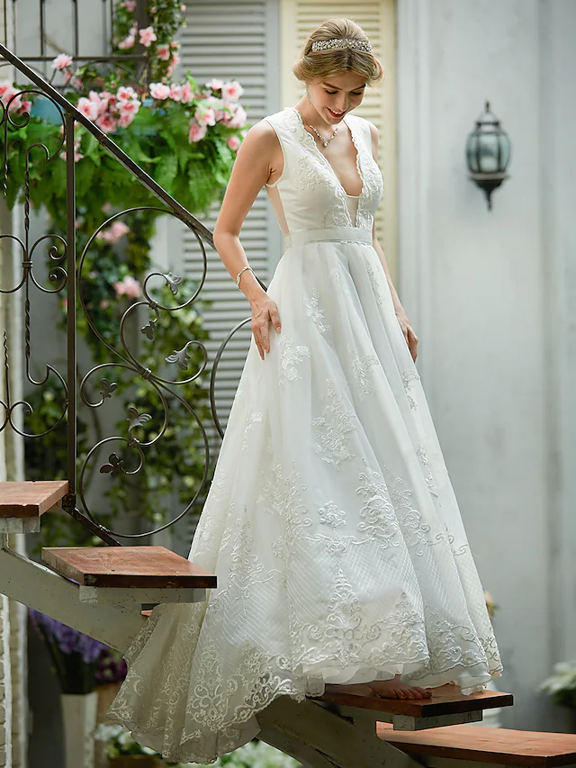 A-Line Wedding Dresses Plunging Neck Lace Over Tulle Sleeveless See-Through Beautiful Back Illusion Detail with Sash Ribbon