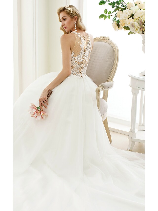 Ball Gown Wedding Dresses Jewel Neck Chapel Train Lace Tulle Lace Over Tulle Regular Straps See-Through Beautiful Back with Buttons