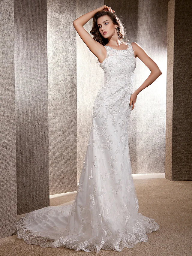 Wedding Dresses Scoop Neck Lace Tulle Sleeveless Long