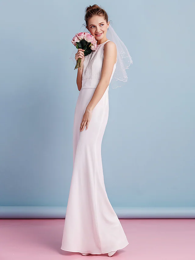Wedding Dresses Jewel Neck Floor Length Chiffon Lace Regular Straps Floral Lace with Lace Sash