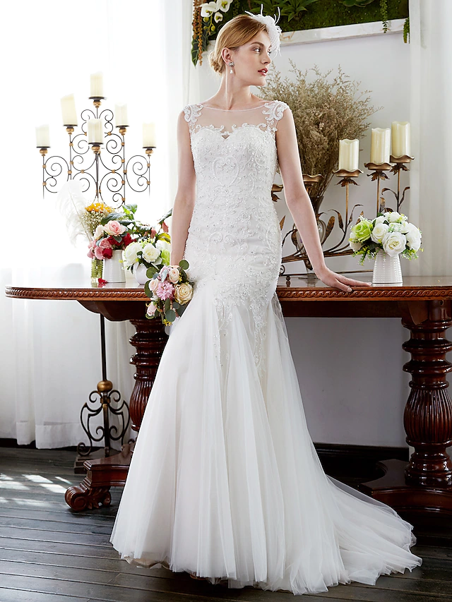 Wedding Dresses Illusion Neck Court Train Tulle Sleeveless Sparkle & Shine with Beading