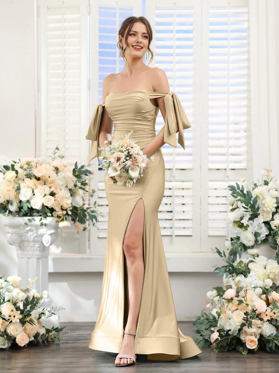 A-Line V-Neck Sleeve Bridesmaid Dress for Wedding Guest Long Chiffon Formal Party Dresses with Slit Sexy