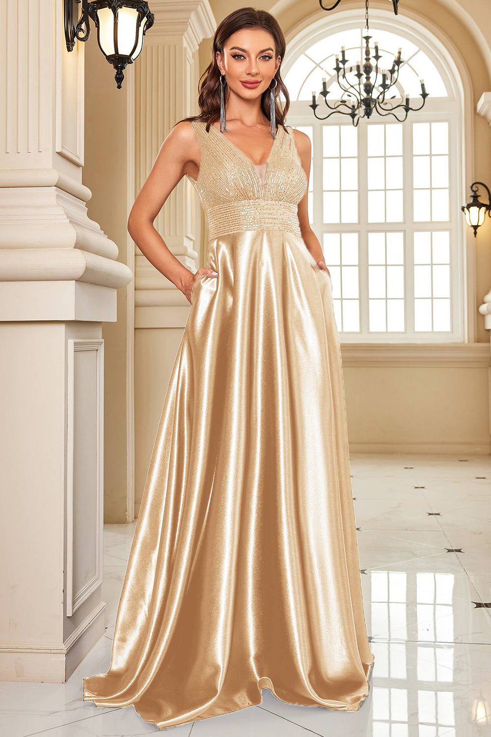 Navy Satin A Line Long Prom Dress Sparkly Evening Dresses