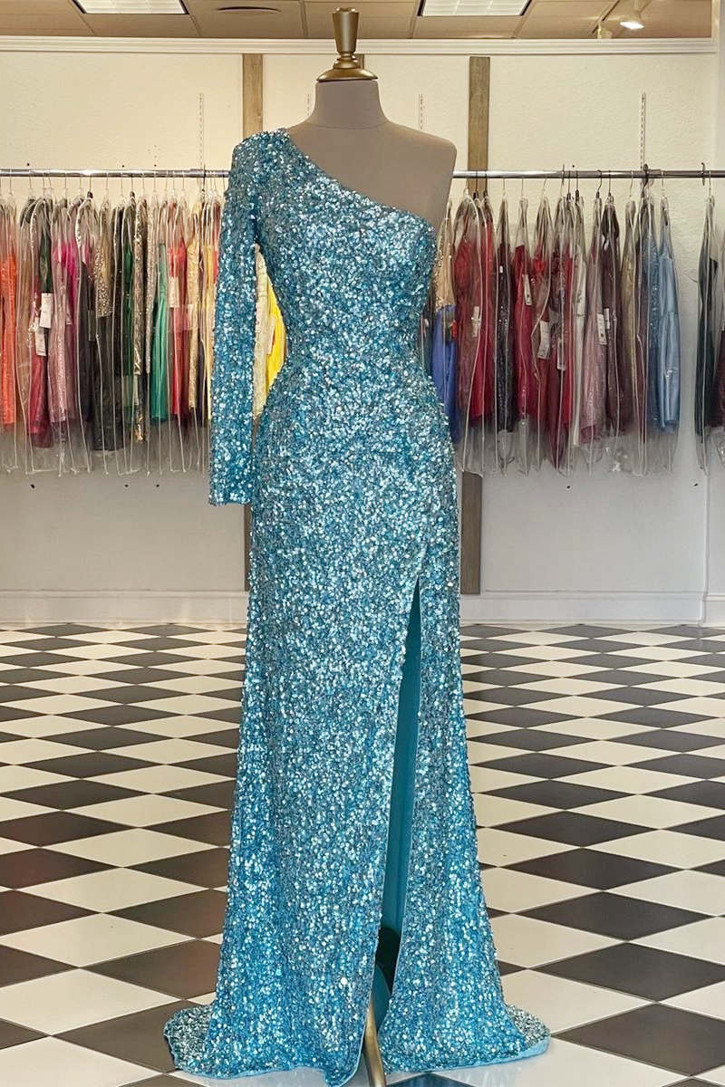 Charming One Shoulder Long Simple Sequin Mermaid Prom Dresses Evening Dresses Sparkly