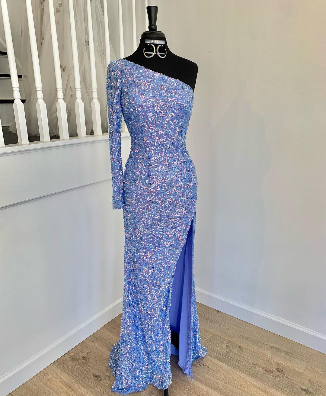 Charming One Shoulder Long Simple Sequin Mermaid Prom Dresses Evening Dresses Sparkly