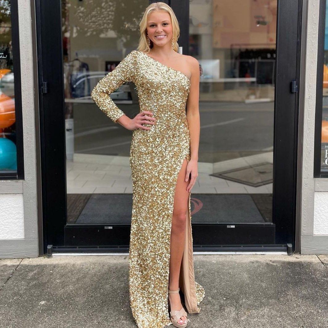 Charming One Shoulder Long Simple Sequin Mermaid Prom Dresses Evening Dresses Sparkly