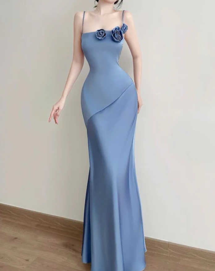 Charming Mermaid Spaghetti Straps Satin Long Prom Dress Sleeveless Elegant Evening Party Dress With Flowers