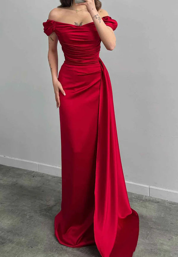 Charming Sheath Off The Shoulder Pleated Long Formal Prom Dress Elegant Evening Gown Fashion Wedding Guest Party Dress