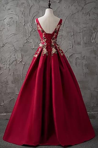 Chic Burgundy Cheap Scoop Long Lace up Satin Sleeveless Prom Dresses Evening Dresses