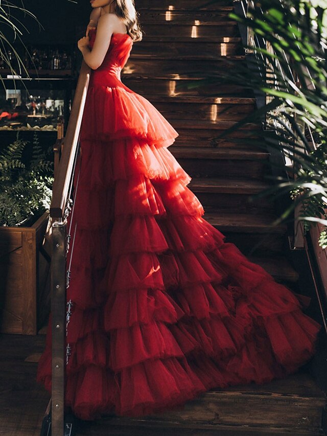 A-Line/Princess Strapless Asymmetrical Prom Dresses Sexy Evening Dresses