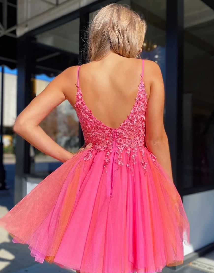 A-Line Hot Pink Short Tulle Homecoming Dress with Appliques