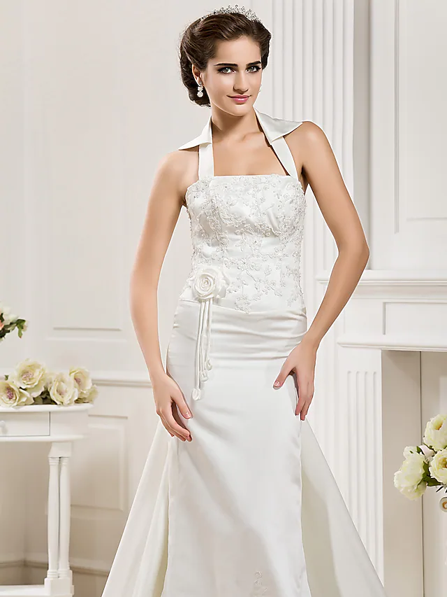 Long Wedding Dresses Halter Neck Court Train Satin Sleeveless