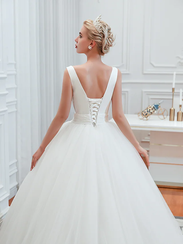 Ball Gown Wedding Dresses V Neck Court Train Tulle Regular Straps Simple Glamorous Backless