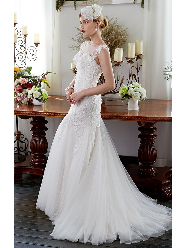 Wedding Dresses Illusion Neck Court Train Tulle Sleeveless Sparkle & Shine with Beading