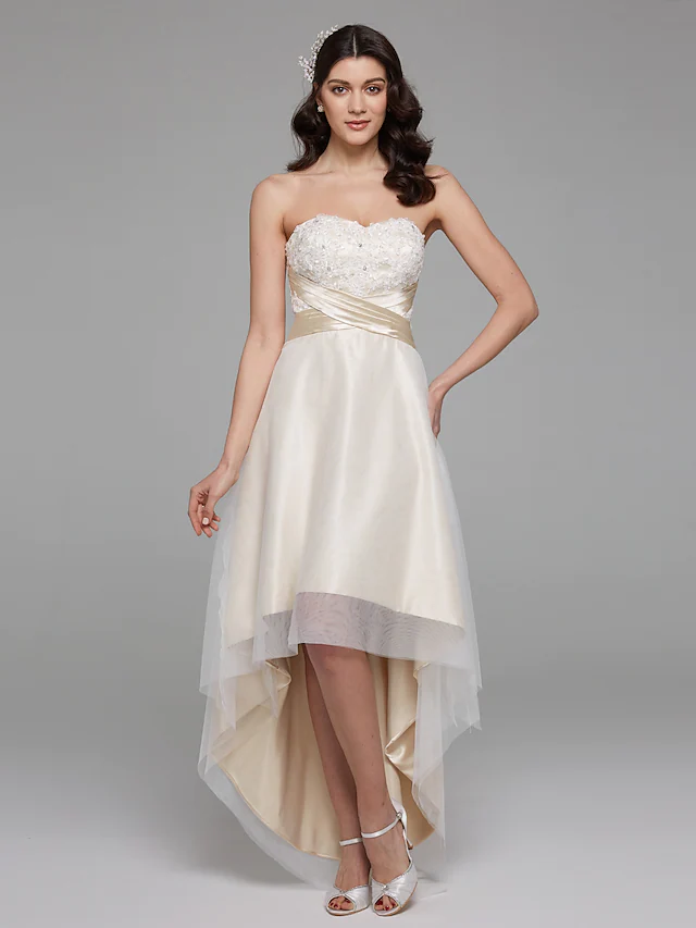 A-Line Wedding Dresses Sweetheart Neckline Asymmetrical Satin Floral Lace Strapless Simple Plus Size with Bowknot Sash Ribbon