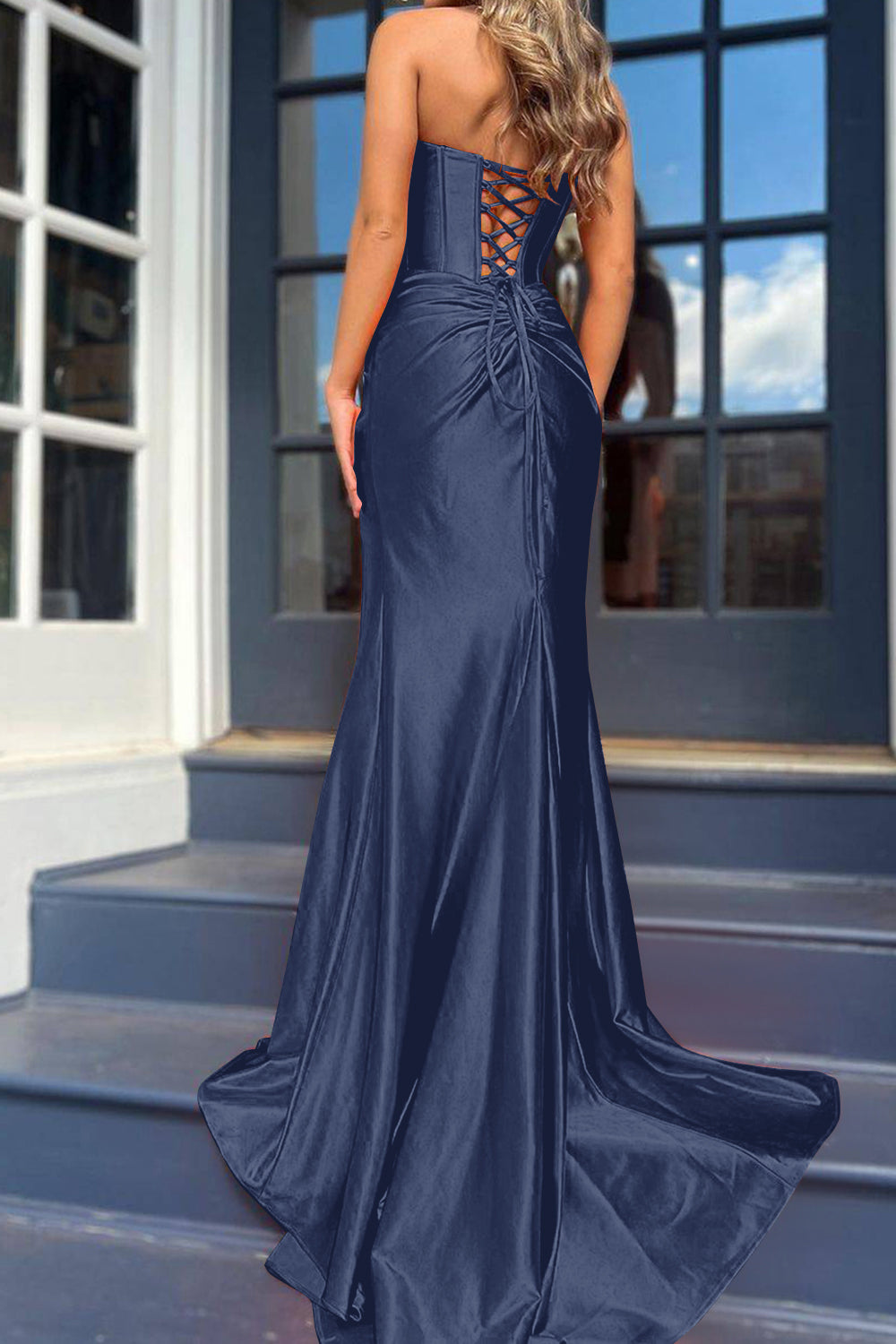 Mermaid Strapless Black Corset Prom Dress With Split Front Off Shoulder Sexy Evening Dresses