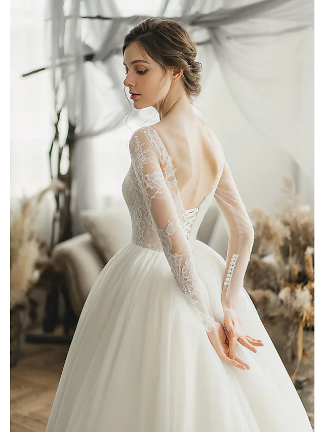 Ball Gown Wedding Dresses V Neck Chapel Train Tulle Long Sleeve Formal with Pleats