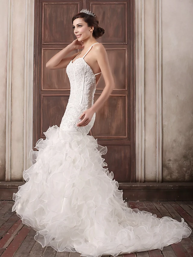 Wedding Dresses Sweetheart Neckline Court Train Lace Organza Satin Spaghetti Strap Sexy Illusion Detail Backless with Beading Appliques