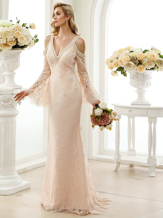 Wedding Dresses Plunging Neck Sheer Lace Long Sleeve Wedding Dress in Color Open Back Floral Lace with Bow(s)