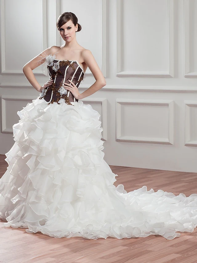 A-Line Wedding Dresses Strapless Chapel Train Lace Organza Satin Strapless with Beading Appliques Cascading
