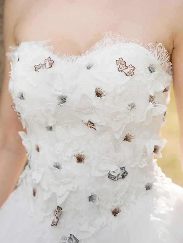 Ball Gown Wedding Dresses Sweetheart Neckline Floor Length Lace Tulle Sleeveless with Lace Appliques