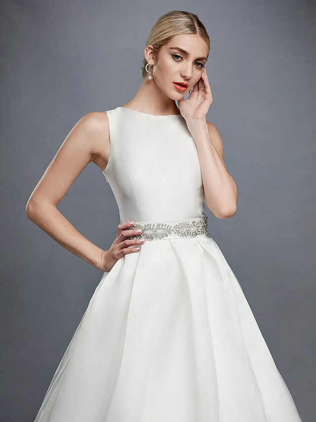 Ball Gown Wedding Dresses Bateau Neck Court Train Lace Satin Regular Straps Formal Backless with Lace Sash Ribbon