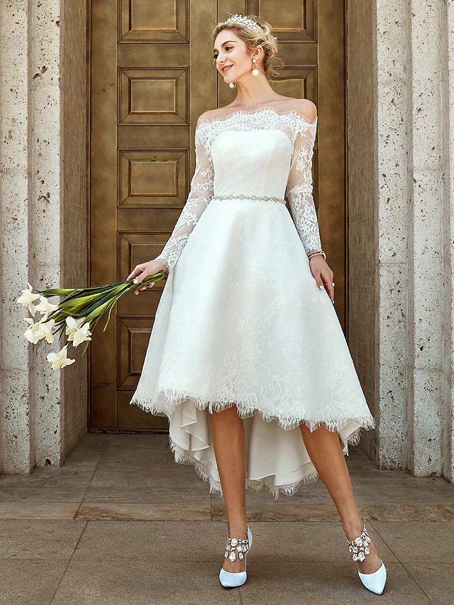 A-Line Wedding Dresses Off Shoulder Asymmetrical Lace Long Sleeve Casual Plus Size Illusion Sleeve with Lace Crystal