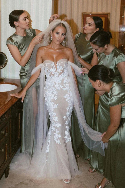 Glamorous Mermaid Off the Shouder Tulle Lace Wedding Dresses Beautiful