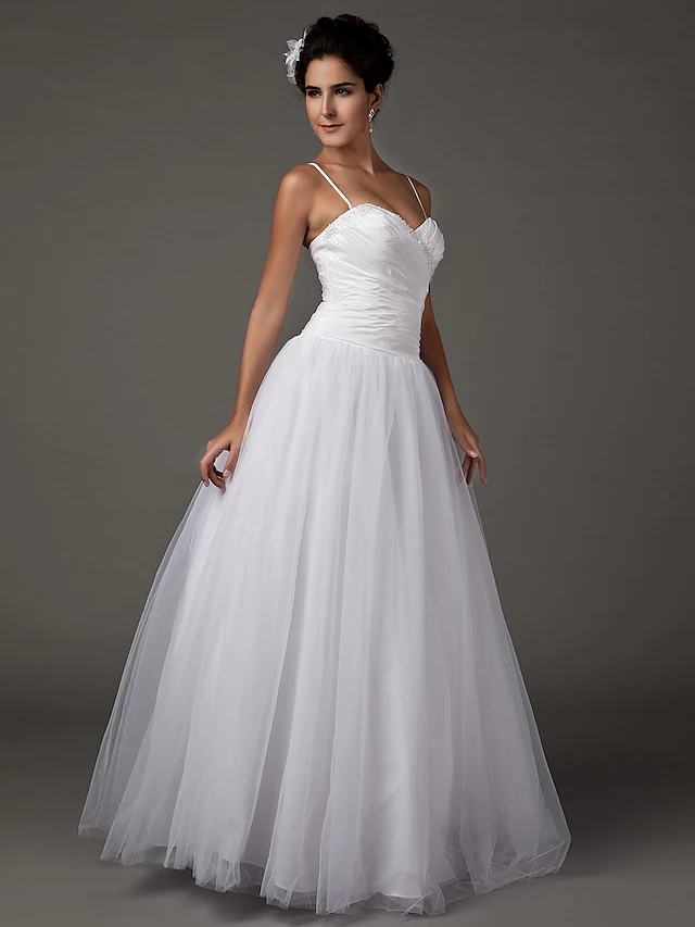 A-Line Wedding Dresses Sweetheart Neckline Spaghetti Strap Floor Length Taffeta Tulle Sleeveless Long