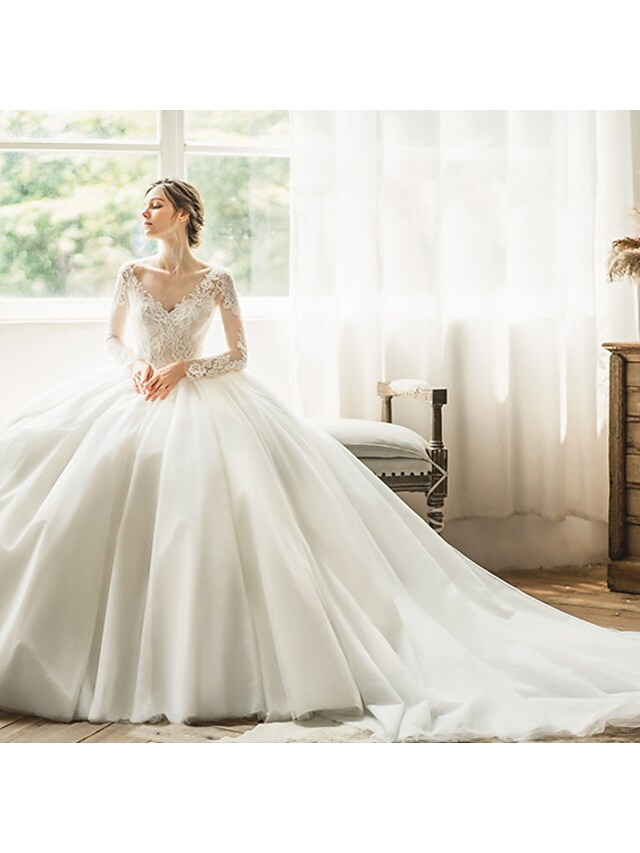 Ball Gown Wedding Dresses V Neck Chapel Train Tulle Long Sleeve Formal with Pleats