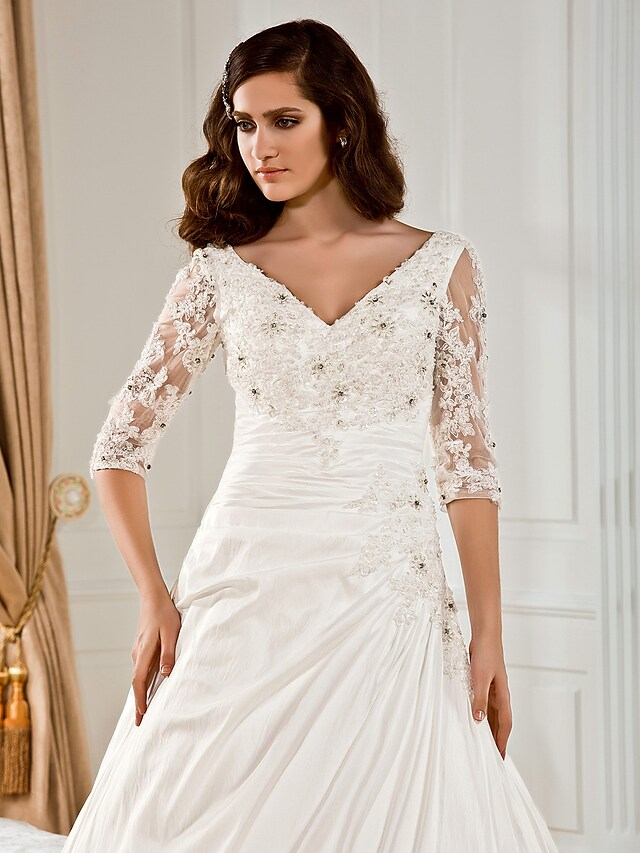 Ball Gown Wedding Dresses V Neck Chapel Train Taffeta Half Sleeve See-Through with Ruched Beading